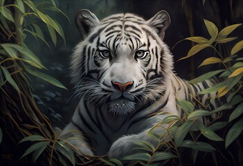 White tiger in the forest. White tiger head among the leaves, beautiful picture of a white tiger, green background, high quality illustration 
