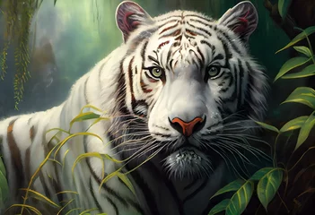 Zelfklevend Fotobehang White tiger in the forest. White tiger head among the leaves, beautiful picture of a white tiger, green background, high quality illustration  © Serg1999_ko