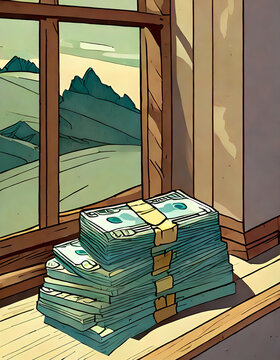 Ilustraci&oacute;n estilo tebeo de una torre de billetes junto a una ventana 