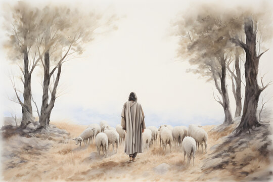 Jesus Christ, the good shepherd and sheep at the grove. AI generative