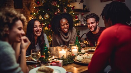 Happy and diverse group of friends celebrating the holidays at dinner.