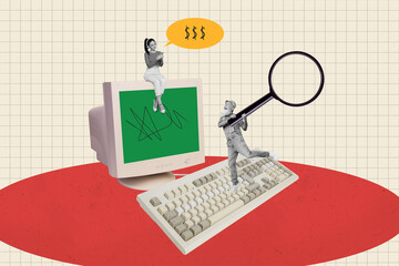 Painted artwork collage of businesspeople searching startup ideas in wikipedia using computer look...
