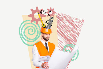 Creative image artwork collage of absurd engineer worker service tools he analyzing manual...