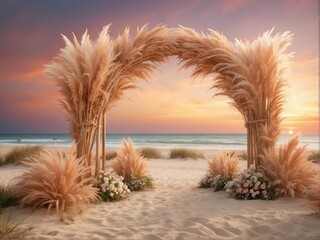 Bohemian beach wedding arch Pampas grass digital wedding backdrop with tailored for sunset photo-shootings