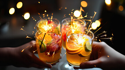 two glasses of champagne, Close-up of friends hands holding three bright delicious cocktails with sparklers. Fruit alcoholic or non-alcoholic beverages. New year party and holiday concept - obrazy, fototapety, plakaty