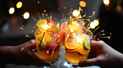 Fotobehang two glasses of champagne, Close-up of friends hands holding three bright delicious cocktails with sparklers. Fruit alcoholic or non-alcoholic beverages. New year party and holiday concept © Planetz