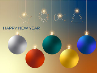 Happy new 2024 year. Christmas decoration. Christmas toys. Elegant text with light. Minimalistic text template.	
