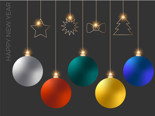 Happy new 2024 year. Christmas decoration. Christmas toys. Elegant text with light. Minimalistic text template.