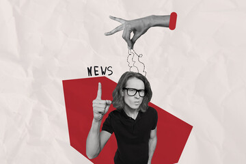 Collage contemporary design illustration photo young strict guy zombie addicted point finger read...