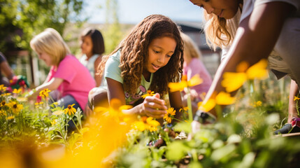 Diverse Community Engaged in Volunteering at a Vibrant Urban Garden. Group of People of Different Races and Ages Working Together in Community Service