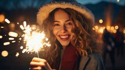 Joyful new year celebration: beautiful woman delighting in sparklers at a festive party