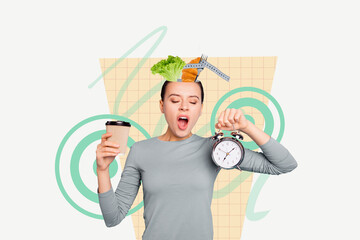 Creative photo picture collage of funny girl yawning hold timer hurry up at morning arrangement...