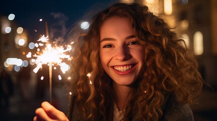 Joyful new year celebration: beautiful woman delighting in sparklers at a festive party - obrazy, fototapety, plakaty