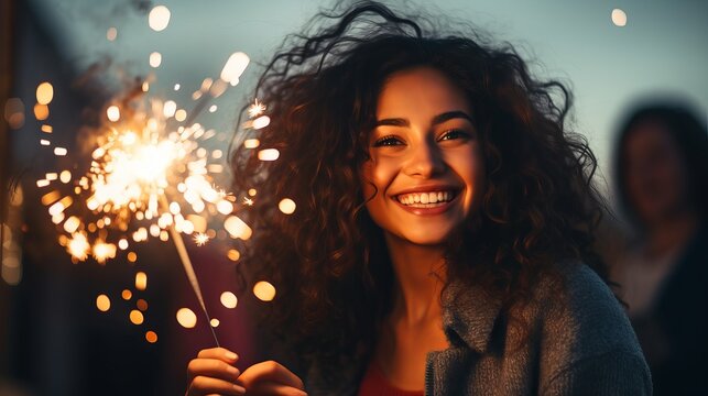 Joyful new year celebration: beautiful woman delighting in sparklers at a festive party