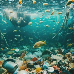 Naklejka na ściany i meble animals fish among garbage.Save animals environmental problems background image
