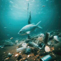 animals fish among garbage.Save animals environmental problems background image