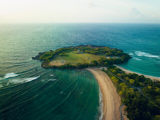 Aerial view of Nusa Dua Beach in Bali Indonesia with peninsula island