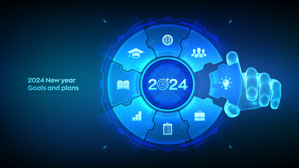 2024 New year Goals and plans. Wireframe hand places an element into a composition visualizing Goal acheiveement and success in 2024. Business plan and strategies concept. Vector illustration.