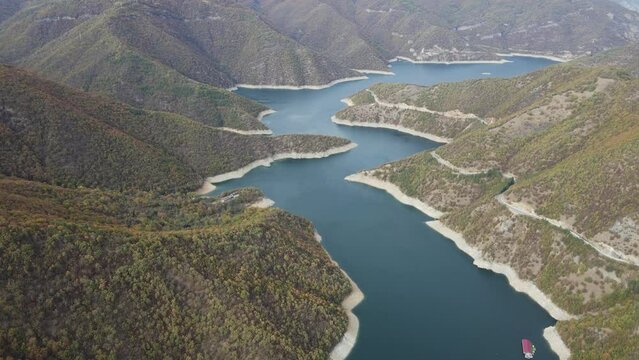 Aerial Autumn view of Vacha (Antonivanovtsi) Reservoir, Rhodope Mountains, Plovdiv Region, Bulgaria