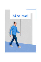3d creative template collage of jobless guy walking interviews asking hiring isolated painting background