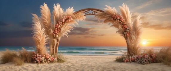 Bohemian beach wedding arch Pampas grass digital wedding backdrop with tailored for sunset photo-shootings - obrazy, fototapety, plakaty