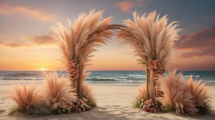 Bohemian beach wedding arch Pampas grass digital wedding backdrop with tailored for sunset photo-shootings