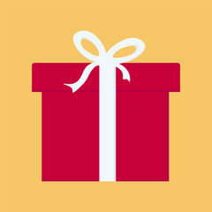 Red Christmas gift box on an orange background. Christmas holiday element for design. 