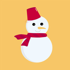 Winter snowman in a red striped knitted scarf and a red bucket on his head on an orange background. Christmas holiday element for design. 