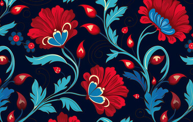 Bakground in the style of contemporary turkish art, red and blue, american prints 1880-1950 abstracted floral forms created with Generative Ai