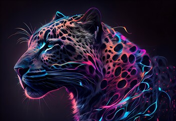 Drawing Snow leopard portrait on a black background. Snow leopard in creative art style, neon style, leopard on a black background, colorful illustration