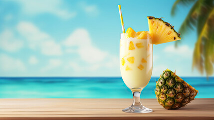 pineapple cocktail on the beach, Pina colada, a chilled Caribbean cocktail in a glass. - obrazy, fototapety, plakaty