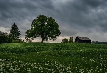 Obraz premium a field with grass, tree, and houses in the distance