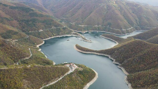 Aerial Autumn view of Vacha (Antonivanovtsi) Reservoir, Rhodope Mountains, Plovdiv Region, Bulgaria