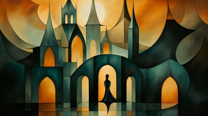 Surreal Cathedral Silhouette Against Cosmic Backdrop in Warm and Cool Abstract Shades