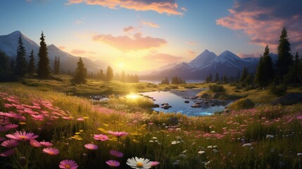 A tranquil meadow filled with wildflowers at the break of dawn, a place where nature's beauty and...