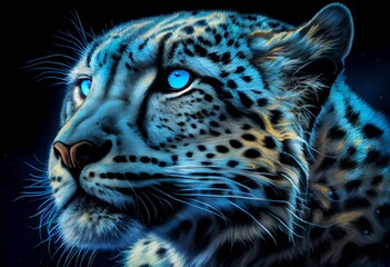 Drawing Snow leopard portrait on a black background. Snow leopard in creative art style, neon style, leopard on a black background, colorful illustration