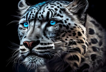 Drawing Snow leopard portrait on a black background. Snow leopard in creative art style, neon style, leopard on a black background, colorful illustration