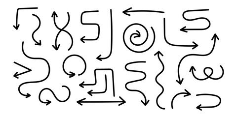 Set of simple black arrows isolated on white background. Doodle hand drawn arrows. Arrows with possible to change the stroke lines.