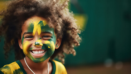 brazil kids with colorful paint and face painted, in the style of dark green and light gold. - obrazy, fototapety, plakaty