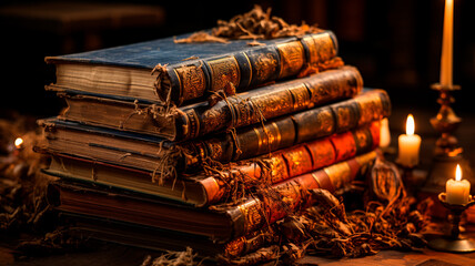 stack of books on a wooden background.