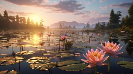 A tranquil pond reflecting the image of a graceful water lily, creating a mirrored world of serene beauty.