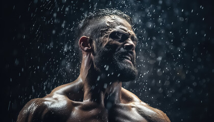 muscular man with water splashing against his face in the dark - obrazy, fototapety, plakaty
