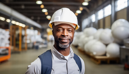 portrait of a smiling black man wearing white hard hat in a factory