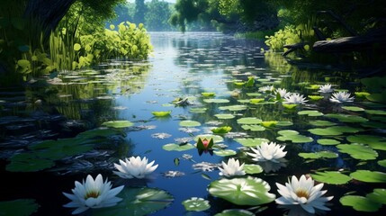 A tranquil pond surrounded by water lilies, their leaves floating gently on the water's surface, while their blossoms reveal their beauty.