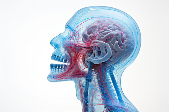 Skull bones of the human head with arteries and veins, anatomy. Human skull on a white background. Generative AI