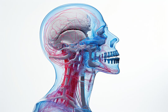 Skull bones of the human head with arteries and veins, anatomy. Human skull on a white background. Generative AI