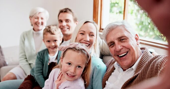 Happy big family, relax and sofa for selfie, photography or memory together in living room bonding at home. Portrait of parents, grandparents and children smile for picture or photograph at house