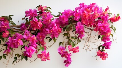 A vibrant bougainvillea vine, covered in papery pink and purple bracts, creating a striking display of color against a white wall.