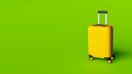 Yellow suitcase standing on green background. 3d rendering of modern luggage