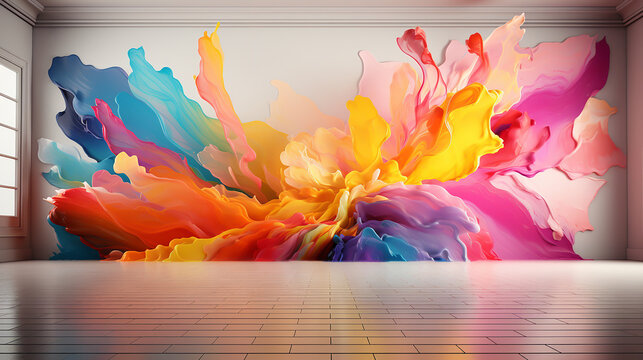 Mixing colorful paints on a white wall in an empty room